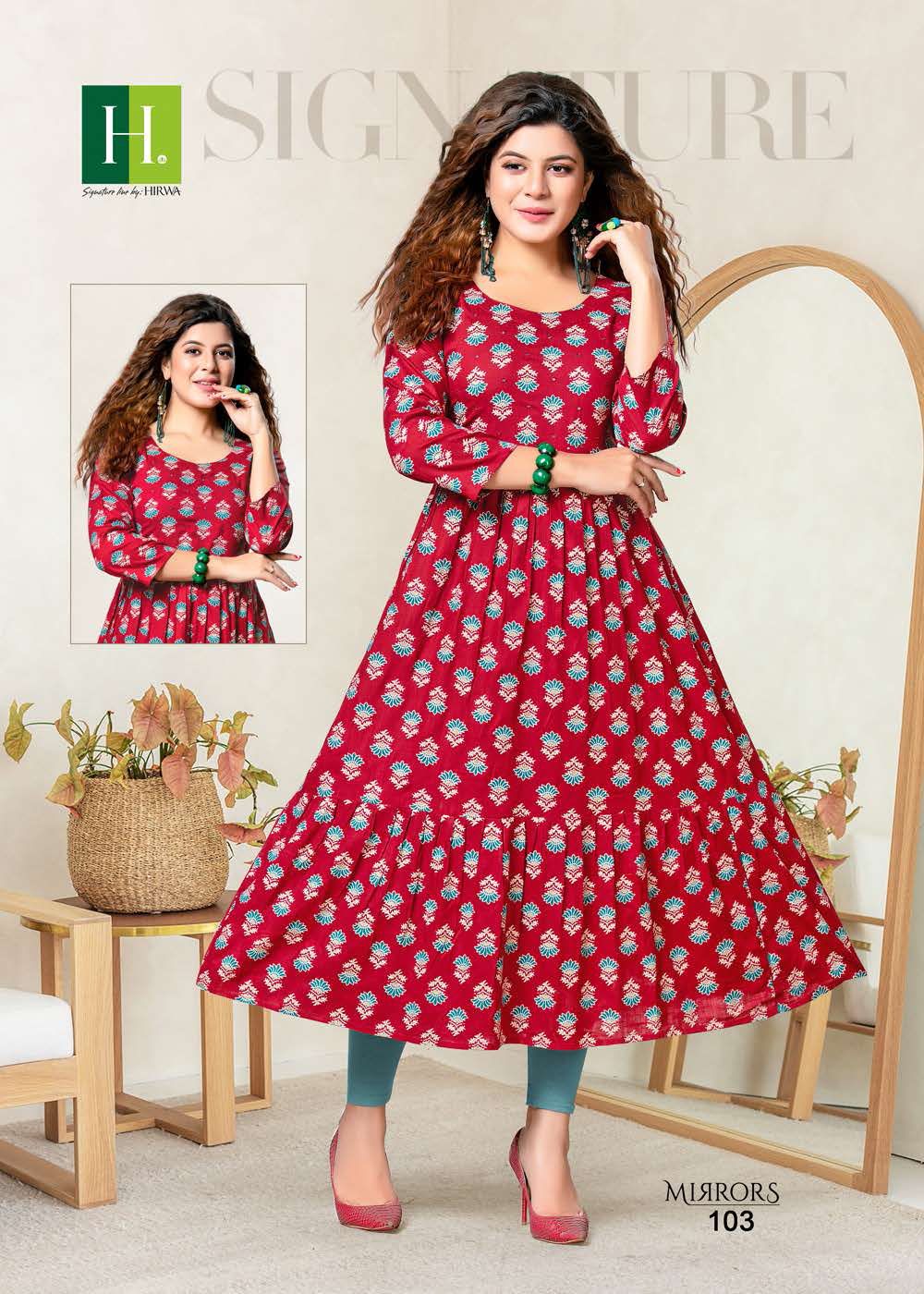 Hirwa Mirrors Heavy Rayon Printed Ethnic Wear Anarkali Kurti Collection